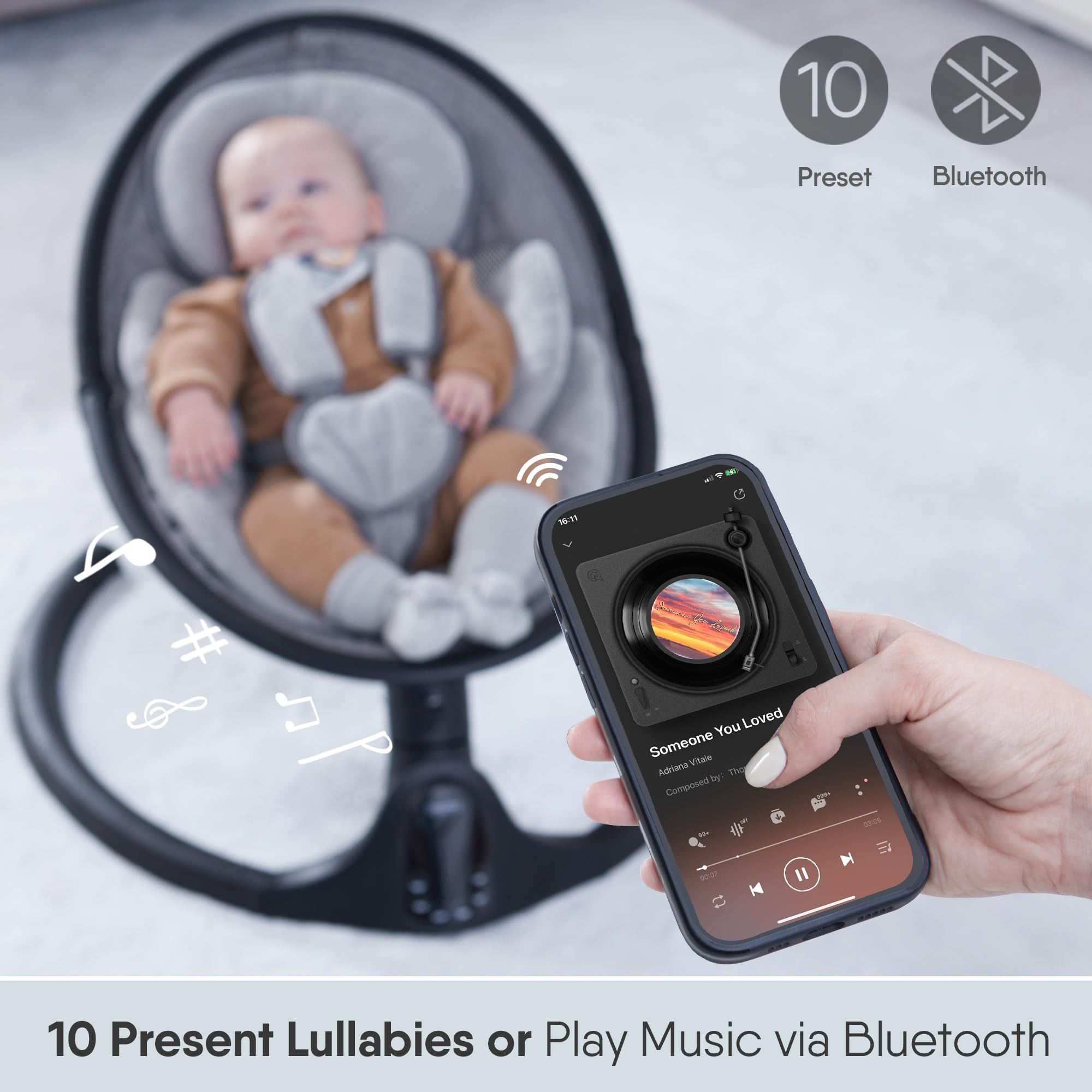 BabyBond Baby Swings for Infants to Toddler | Bluetooth Baby Swing with 3 Seat Positions | 5 Natural Sway Motion | Bluetooth Music | 5-Point Harness |