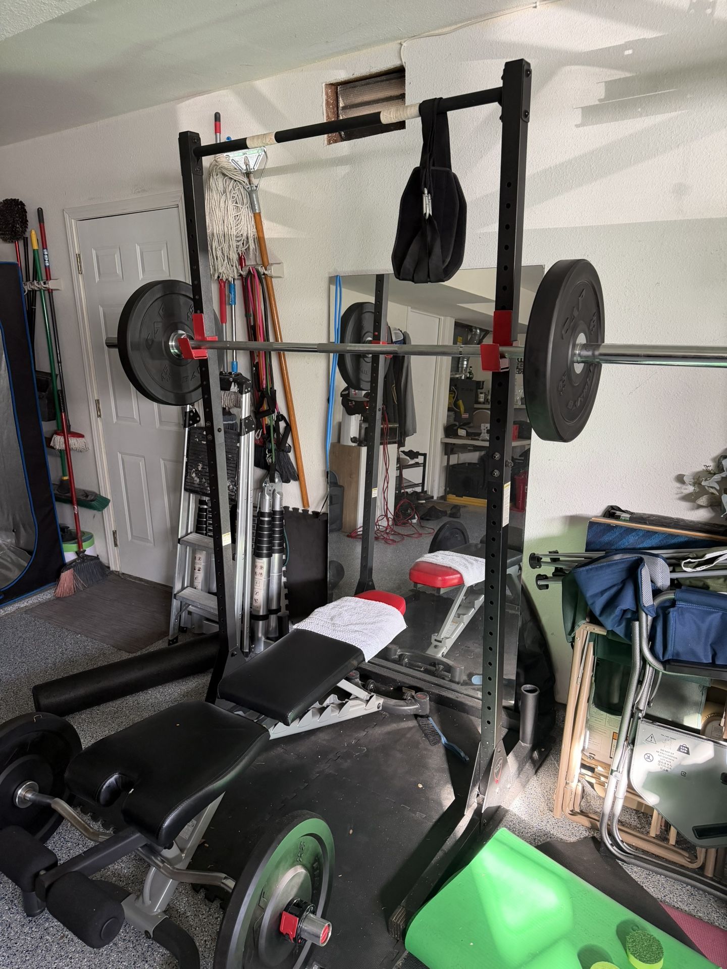 Work Out Set - Bench Press Weights Pull Up Curl Bar Mirror  