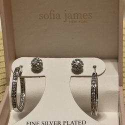 New In Box, Earrings Set, 2 Pairs Studs And Hoops, Austrian Crystals Silver Plated Earrings 