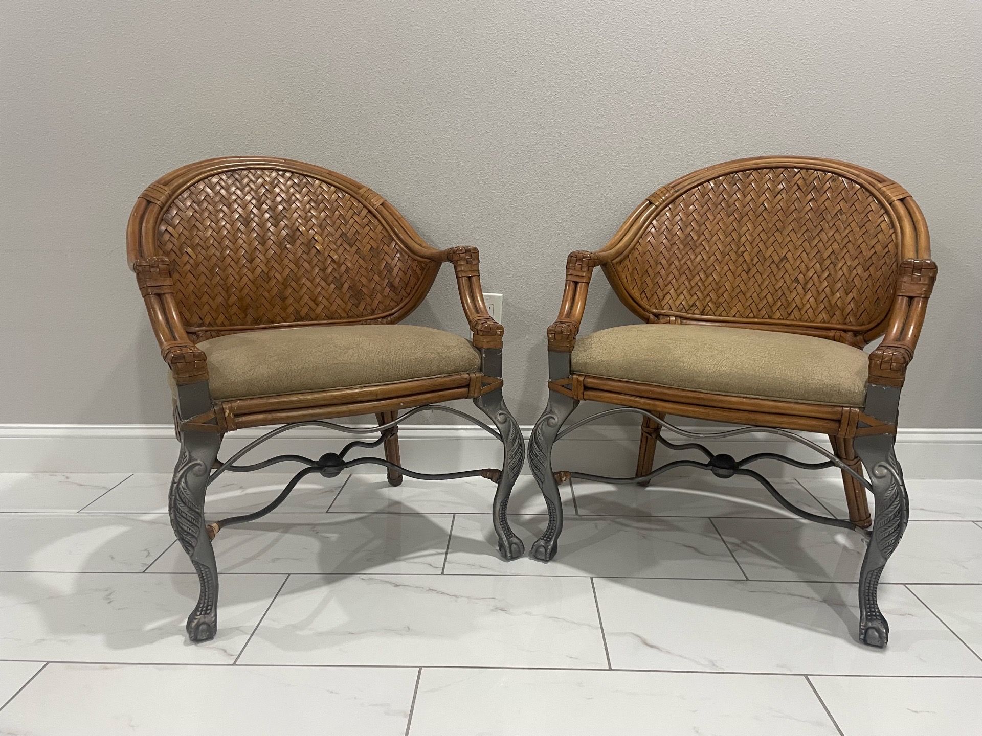 Bohemian Bamboo Rattan Wicker and Metal Dining Chairs on Casters - 4 Chairs