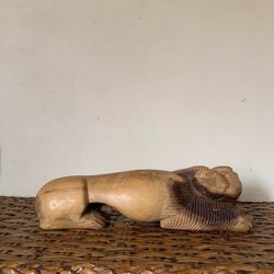 Wood Lion Sculpture, Vintage Wood Sculpture of a Lying Lion, 14" Wooden Lion Home Decor