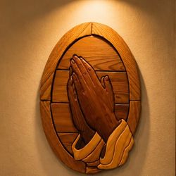 Praying Hands JESUS CHRIST Original Vintage Fine Art SOLID WOOD SCULPTURE Plaque Antique Oak Wooden Prayer Collectible Religion Christianity HILLCREST