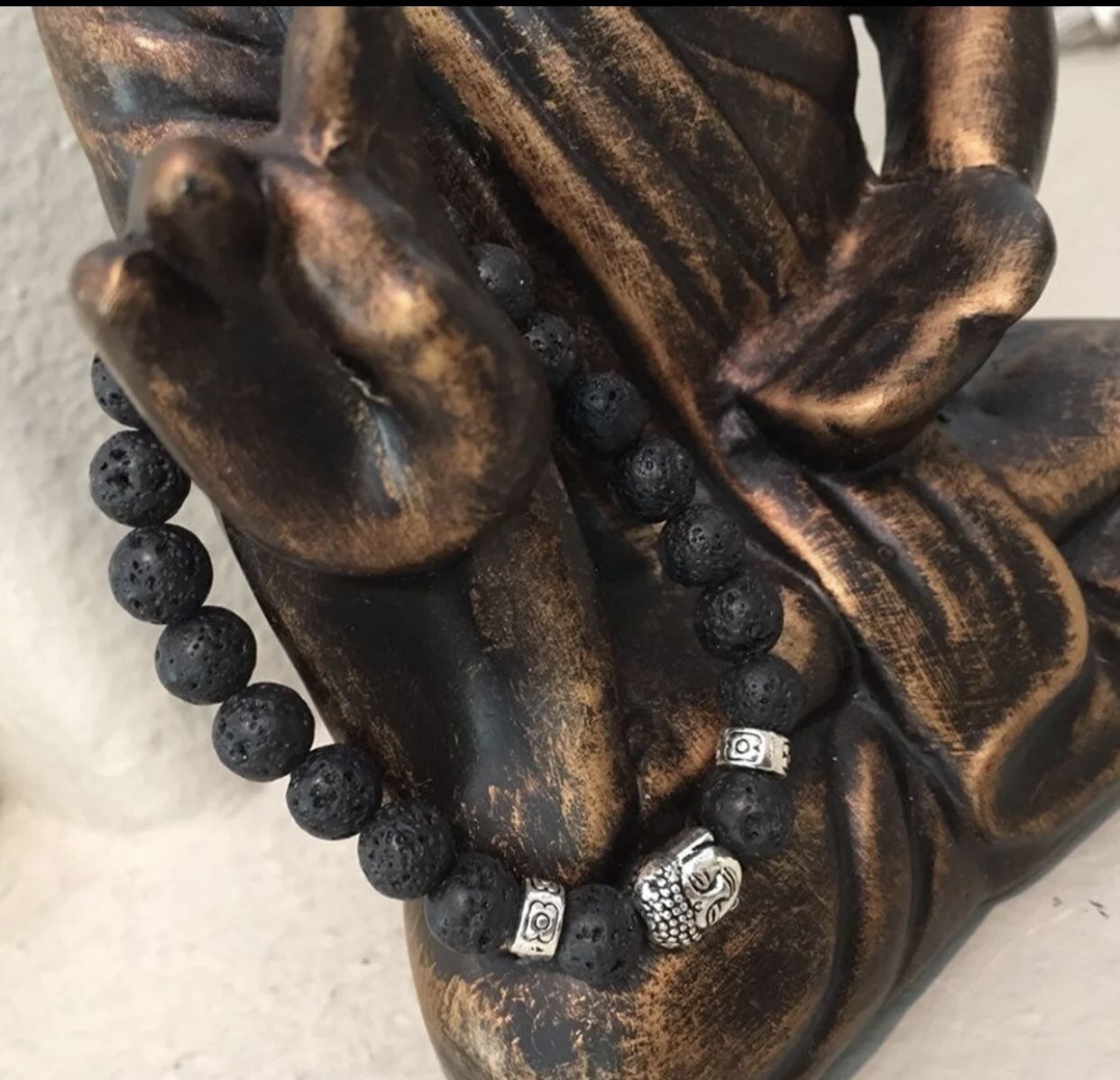 Buddha Bracelet Black Lava Stone Diffuser Tibetan Silver Buddha Charm