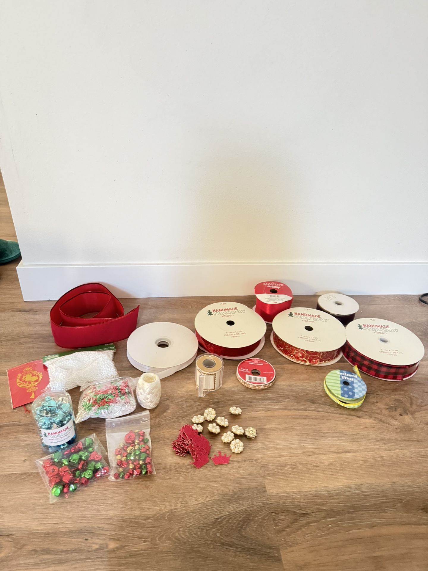 Christmas ribbons, Bella, glitter, foam pebbles, stickers, glitter crown and more