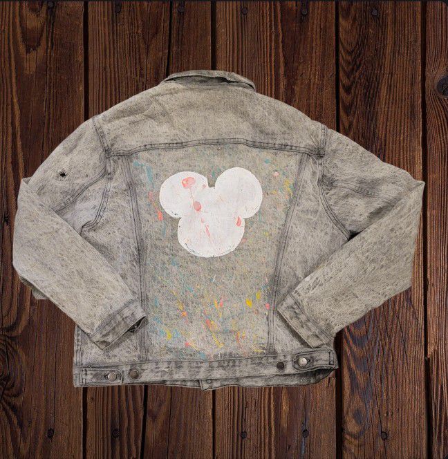 Vintage 80s Grunge Men's Medium Acid Wash Denim Jacket w Painted Graphic Mickey 