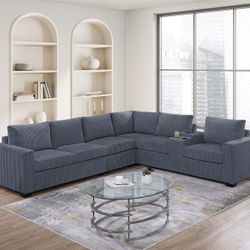 ✅️✅️4 pc dark grey corduroy fabric upholstered sectional sofa with console with USB and cup holders✅️
