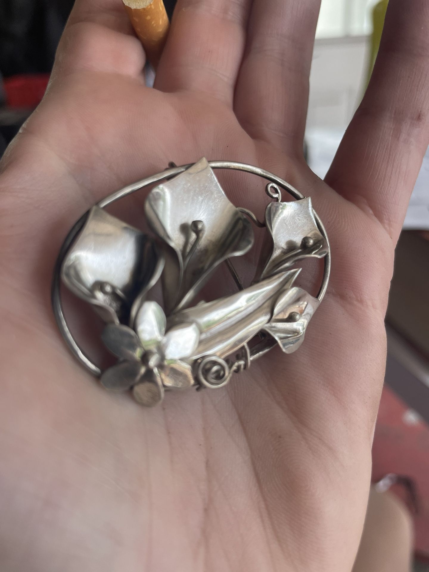 Solid Sterling Silver Flower Brooch Pin