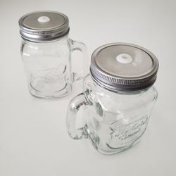 Pair of Small Glass Mason Jars with Handle and Metal Twist Top for use with Straw