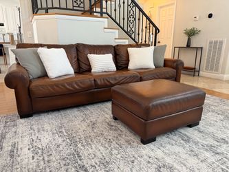 Pottery Barn Leather Sofa and Ottoman Set