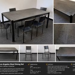 Shelter Los Angeles Blackened Steel Dining Table + 4 Chairs | Modern Industrial