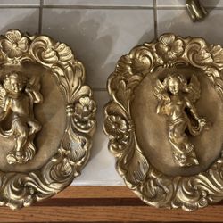 Vintage Gold Cameo Wall Cherub Plaques Hollywood Regency ~Pair
