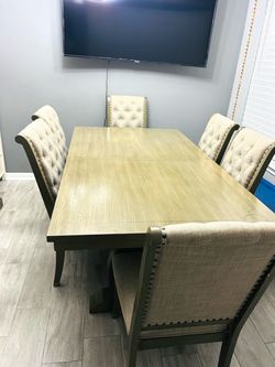 Dining Table Set with 8 Upholstered Chairs