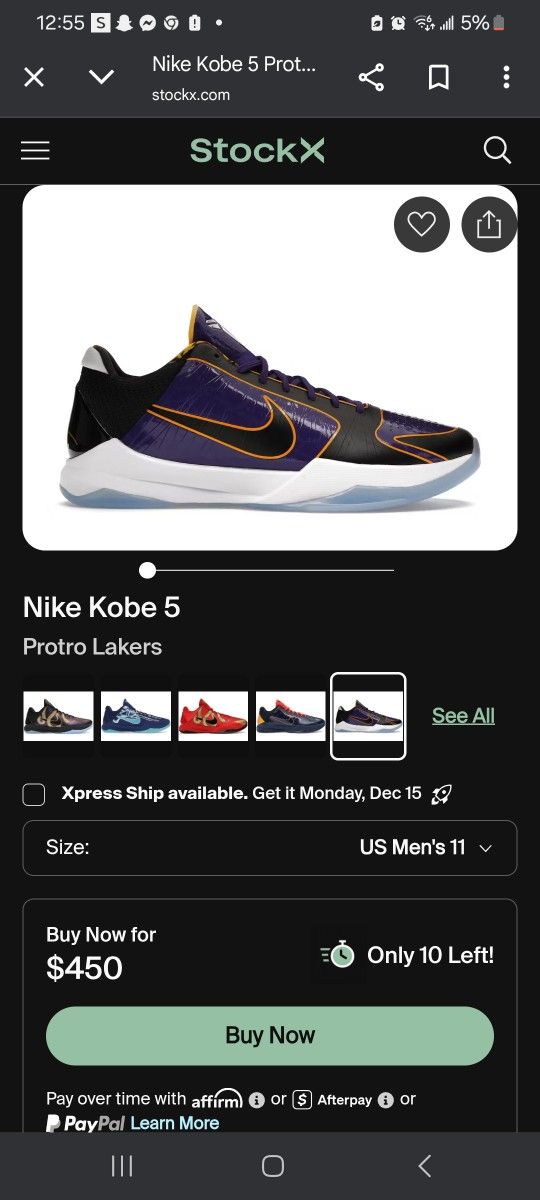 Authentic NIKE Kobe 5 PROTRO Lakers 7.5