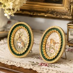 Vintage Pair 2 Miniature Oval Brass Easel Picture Frames Green Enamel Accent MINI Table Frame Portraits Collectibles Tiny 