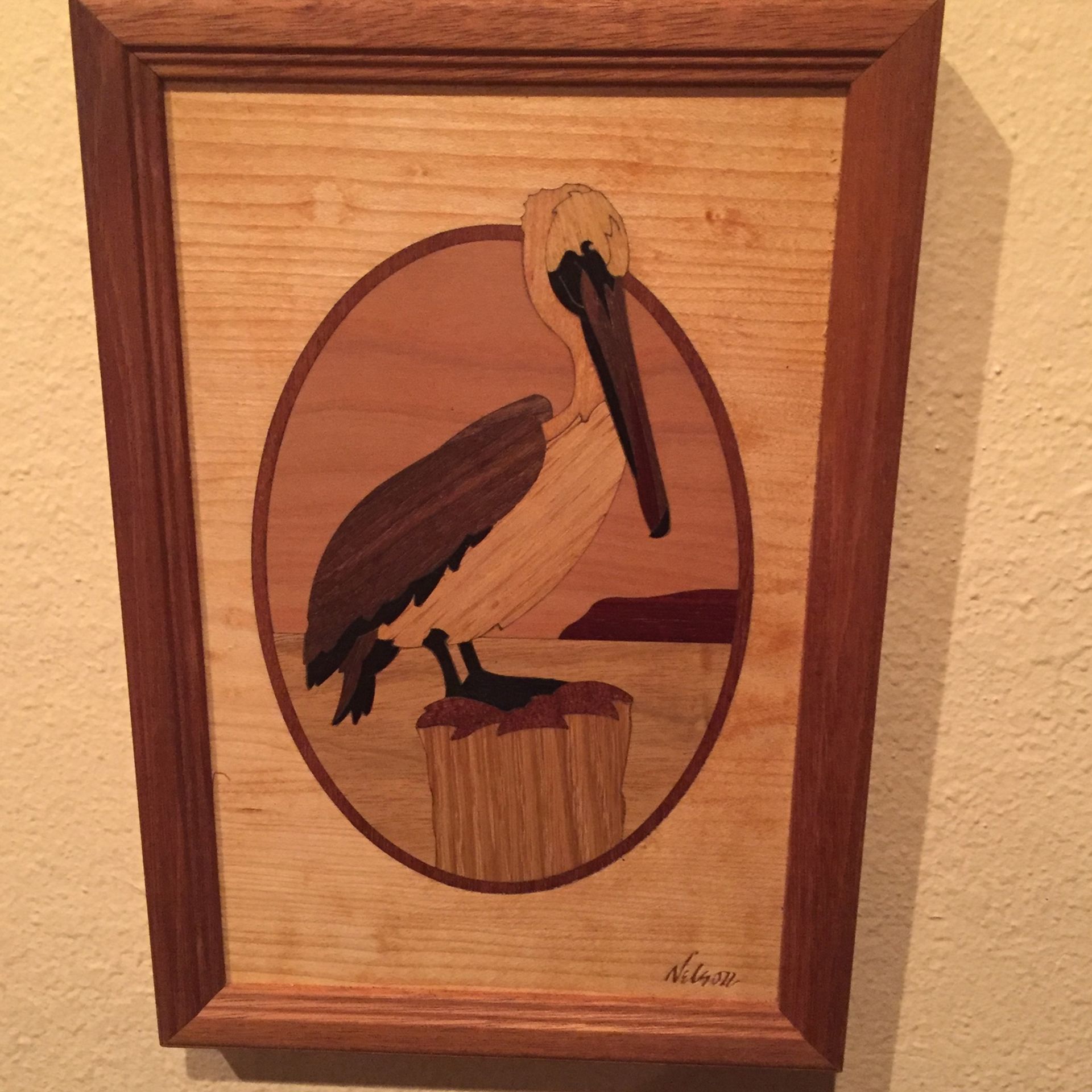 Hudson River Inlay Framed Wood Pelican