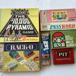 Vintage 1960s + 1970s Games $10,000 Pyramid, Mille Bornes, Password, Pick-Up Sticks, Pit, Rack-O Preowned TV Game Shows