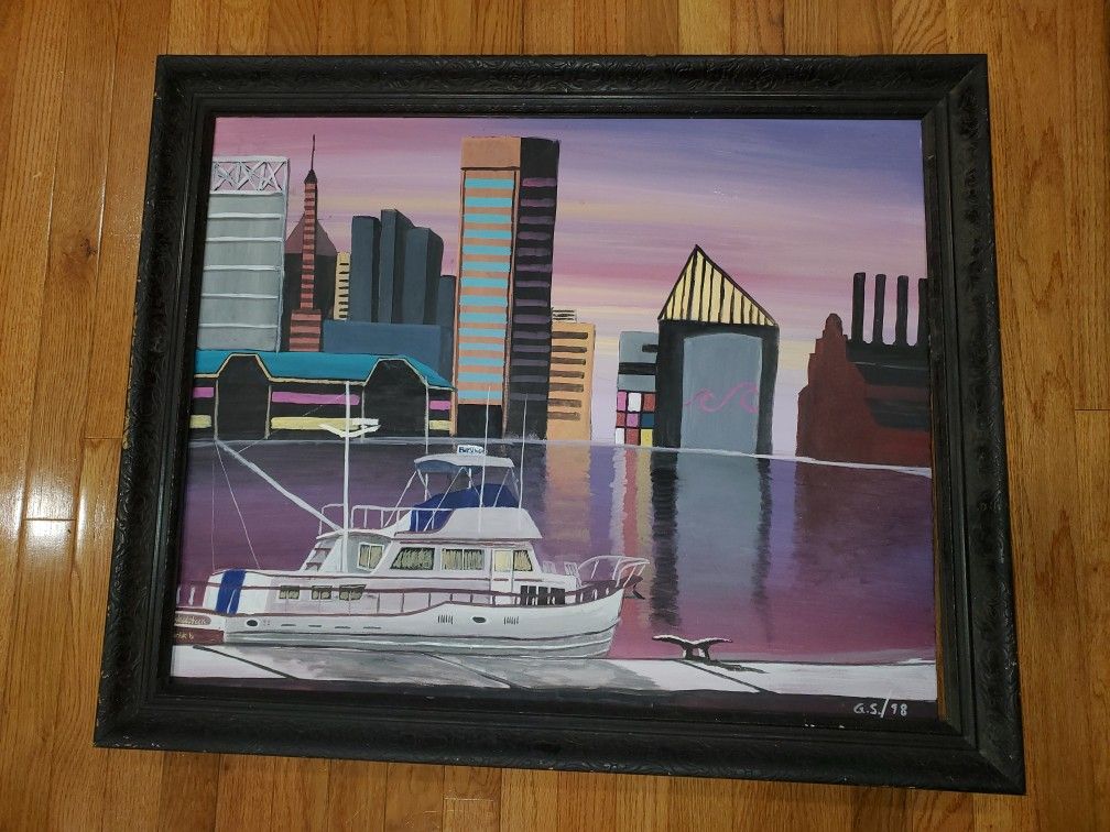 Baltimore harbor boat sunset artwork (29"L by 24" H)