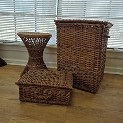 ​Vintage 70s Boho Rattan Bundle | Hourglass Spool Stand, Large Utility Hamper & Woven Trunk | Organic Modern Decor Set