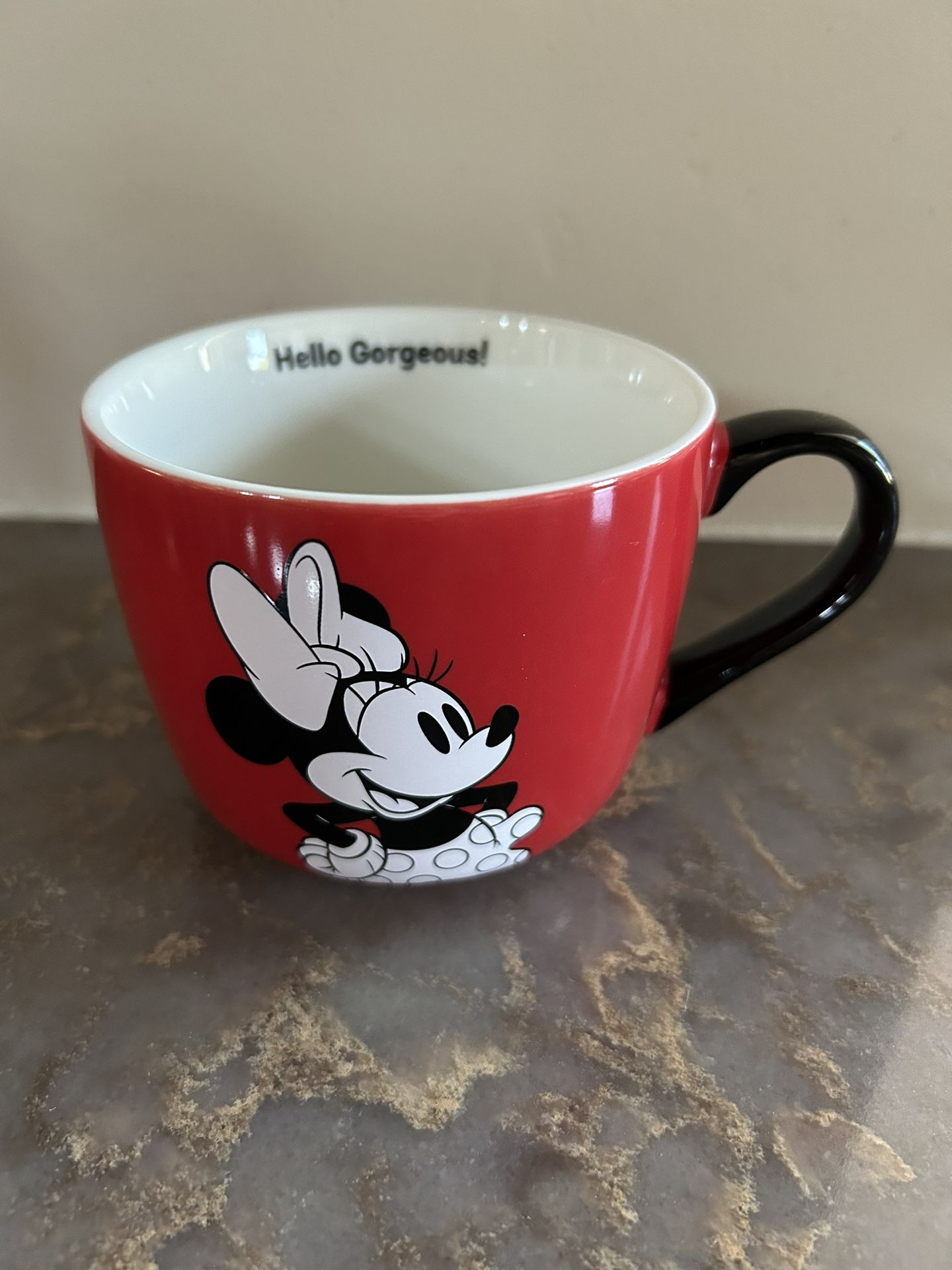 Brand New Collectible Disney Minnie Mouse Mug.  Reads “Hello Gorgeous!” On The Inside. 