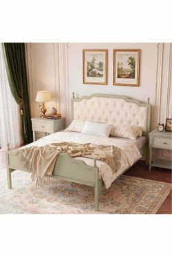 New Queen Size Elegant Upholstered Platform Bed Frame with Button Tufted Headboard, Vintage French Country Wood Bed, Cream Finish