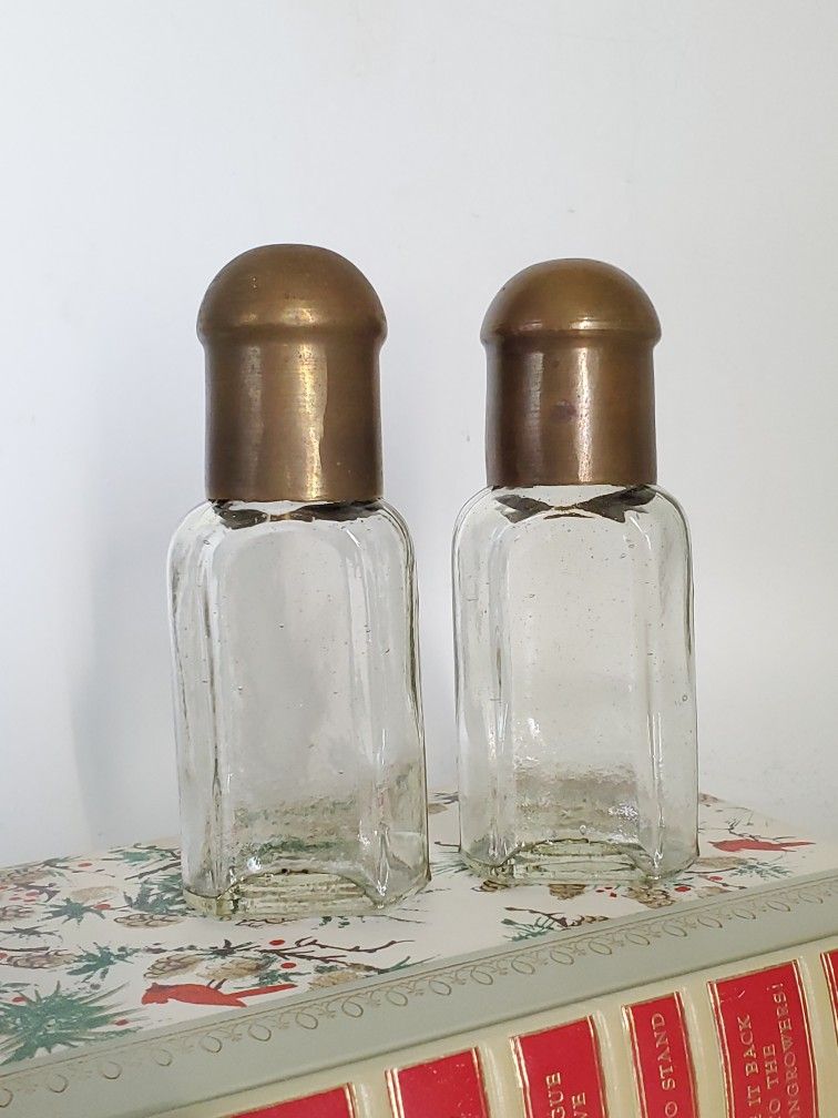 Antique Set of 2 (1910's-1920's) Heavyweight Greenish Tint Glass Shoe Polish Bottles with Brass Caps