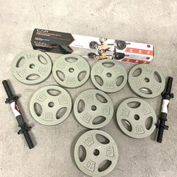 BRAND NEW - TOTAL 80lbs - Weight Plates 1” - DUMBBELL HANDLES And Bar 5ft