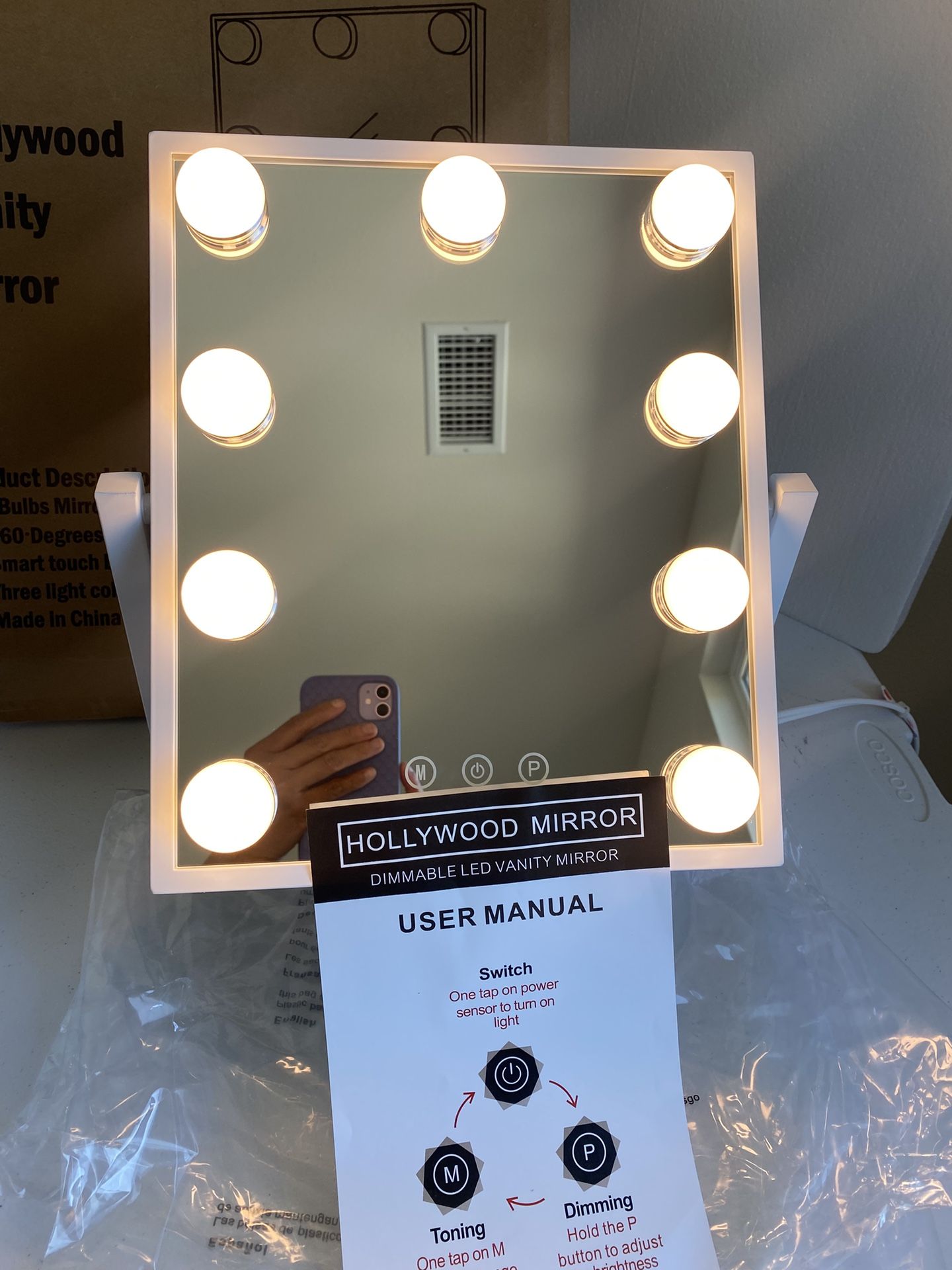Hollywood Vanity Makeup Mirror with Lights-9 LED Bulbs, Touch Control, 3 Colors Light, 360° Rotate