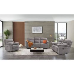 3 PIECE SOFA GLIDER RECLINER COUCH LOVE-SEAT CHAIR PILLOW TOP ARMS LIGHT GRAY