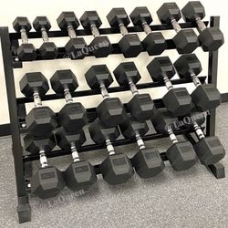 Rubber Coated Dumbbells And Rack In Perfect Condition 