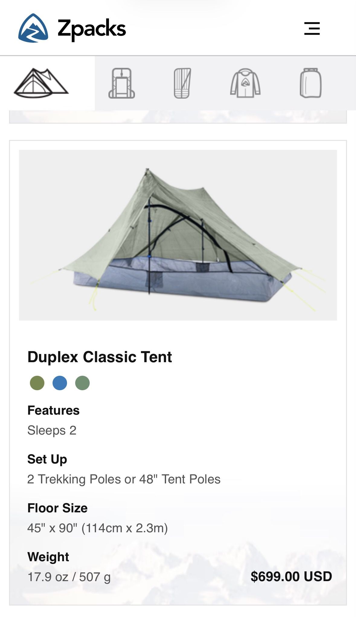 Zpacks Classic Duplex Tent Dyneema Composite Fabric (DCF)