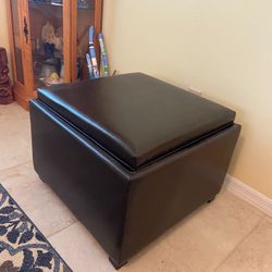 Brown Faux Leather Ottoman With Flip-over Serving Tray