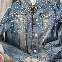 Vintage Jean Jacket Covered In Pearls 
