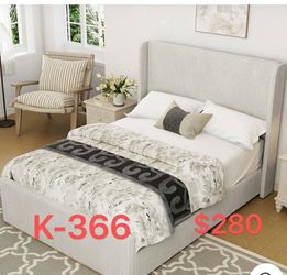 （K-366）King Size Corduroy Upholstered Bed Frame With Vertical Stripe Wingback Headboard And High Footboard