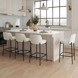 26" Modern Sherpa Counter Stools Set of 4, White Upholstered Boucle Counter Height Bar Stools with Comfy Back, High Dining Chairs Kitchen Island Chair