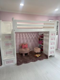 Made of wood loft bed, white and pink, twin size