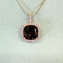 14K Rose Gold Smokey Quartz & Diamonds Halo Pendant