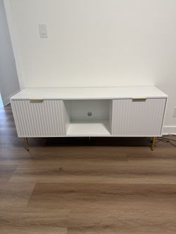Used White Gold Tv Console , Entertainment Storage With Shelves