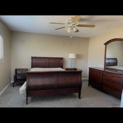 Mahogany Sleigh Bed and Dresser and Mirror