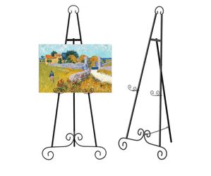 46" H Metal Round Tube Scroll Display Easel, Classic Black Decorative Large Adjustable Floor Standing Easel with Chain Support, Perfect for Showcasing
