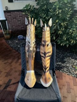 Pair of Hand Carved Wooden African Giraffe Masks