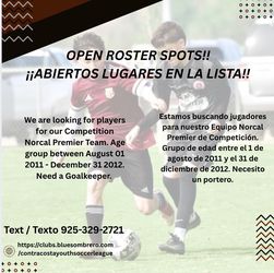 OPEN SOCCER ROSTER SPOTS/ ESPACIOS ABIERTOS EN LA LISTA DE FÚTBOL