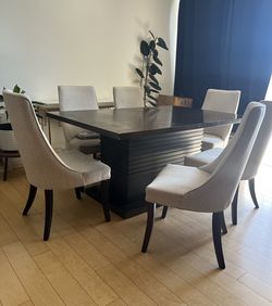 Large Dark Brown Wood Dining Table w/ Leaf Extender, (6) Cream Beige Upholstered Chairs, Seats 6-8 People, Modern Style Luxury Kitchen Dining Set