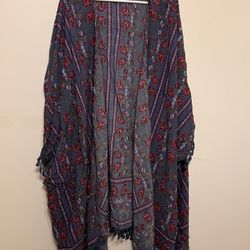 Red And Blue Floral Poncho With Fringe PLUS one size