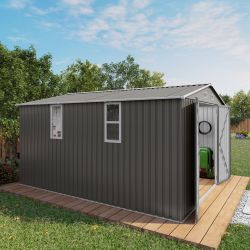 10x12FT Outdoor Storage Shed Large Metal Garden Shed with Double Door Two Window Waterproof Tool Shed for Backyard Patio Lawn Poolside ,Grey
