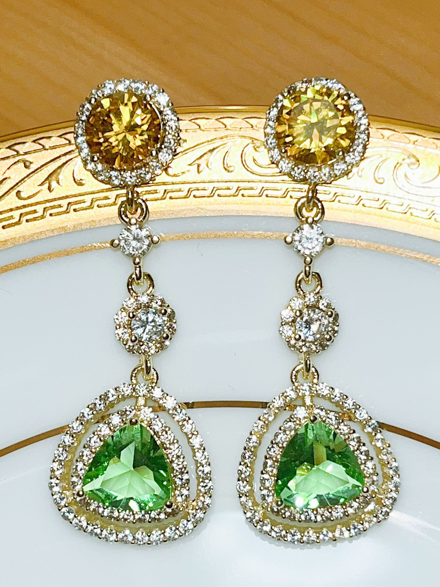 5ctw Natural Green Peridot & Diamond Earrings /14k Gold filled silver