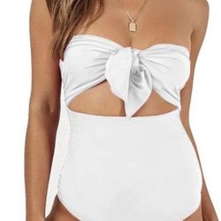 Lwaoien Women's High Waist Monokini Bikini One Piece Swimsuit.  White color.  Size L