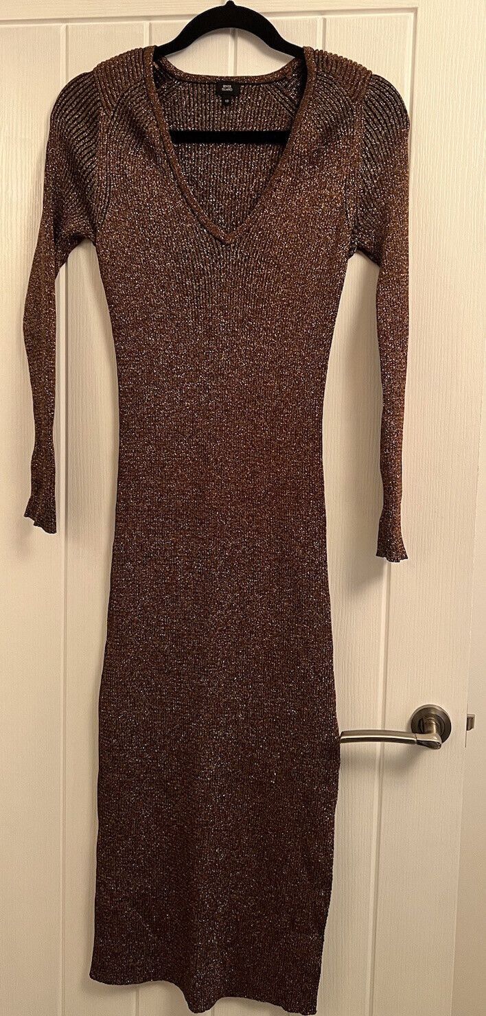 Bronze (Brown) Sparkly Metallic Knit Bodycon Midi Dress