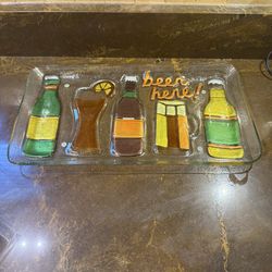 New Demdaco Handcrafted Beer Here! Serving Tray Fused Art Glass Party