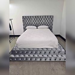 4 Pieces gray color velvet queen bedroom set