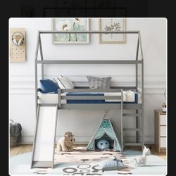 Twin Loft Bed with Slide, House Bed with Slide,Gray 

